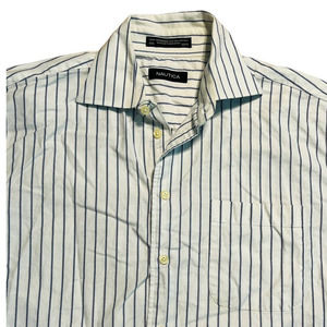 Nautica White w Blue Weave Pinstripe Design Button Down 100% Cotton 14 1/2 32/33